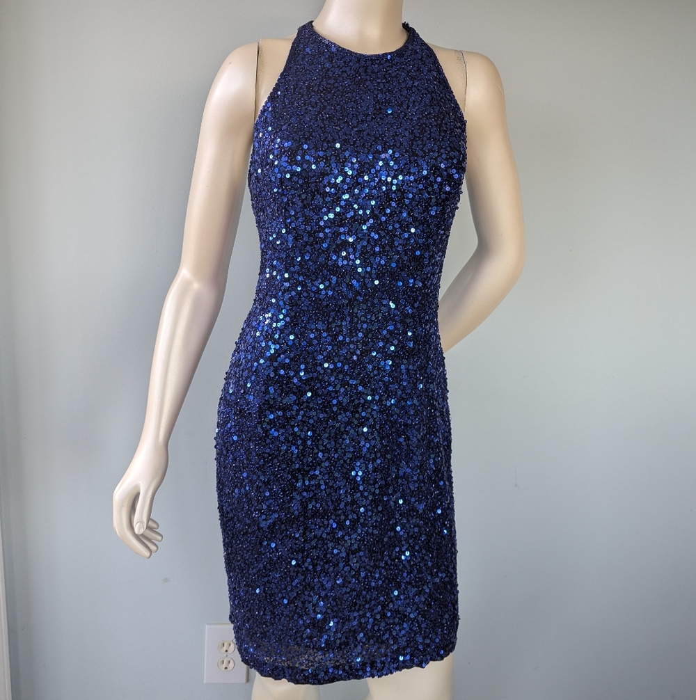 Vintage Oleg Cassini Neiman Marcus Blue Sequin Beaded Silk Cocktail Dress - Picture 6 of 12